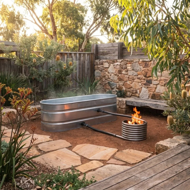 Wood fired hot tub in a courtyard