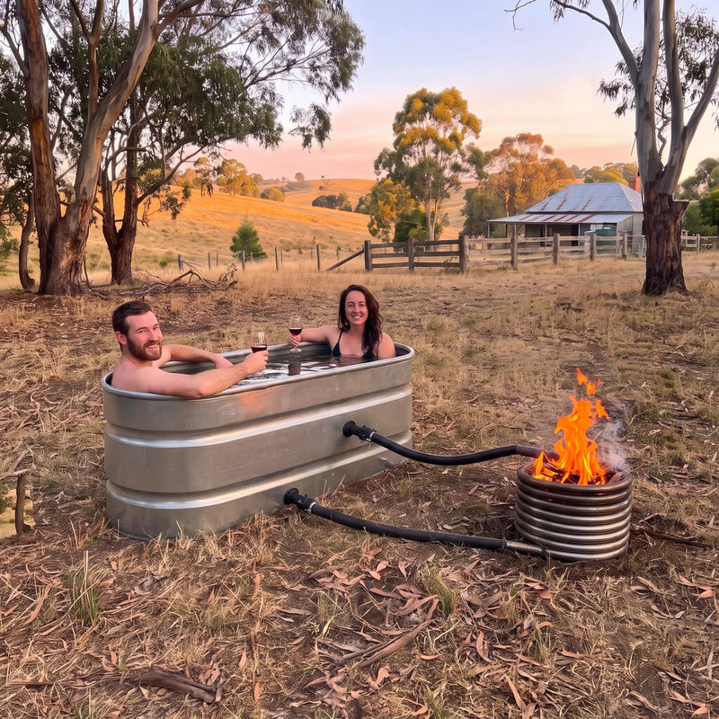Wood fired hot tub at sunset